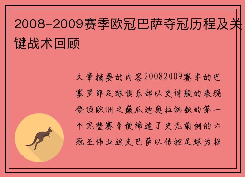 2008-2009赛季欧冠巴萨夺冠历程及关键战术回顾